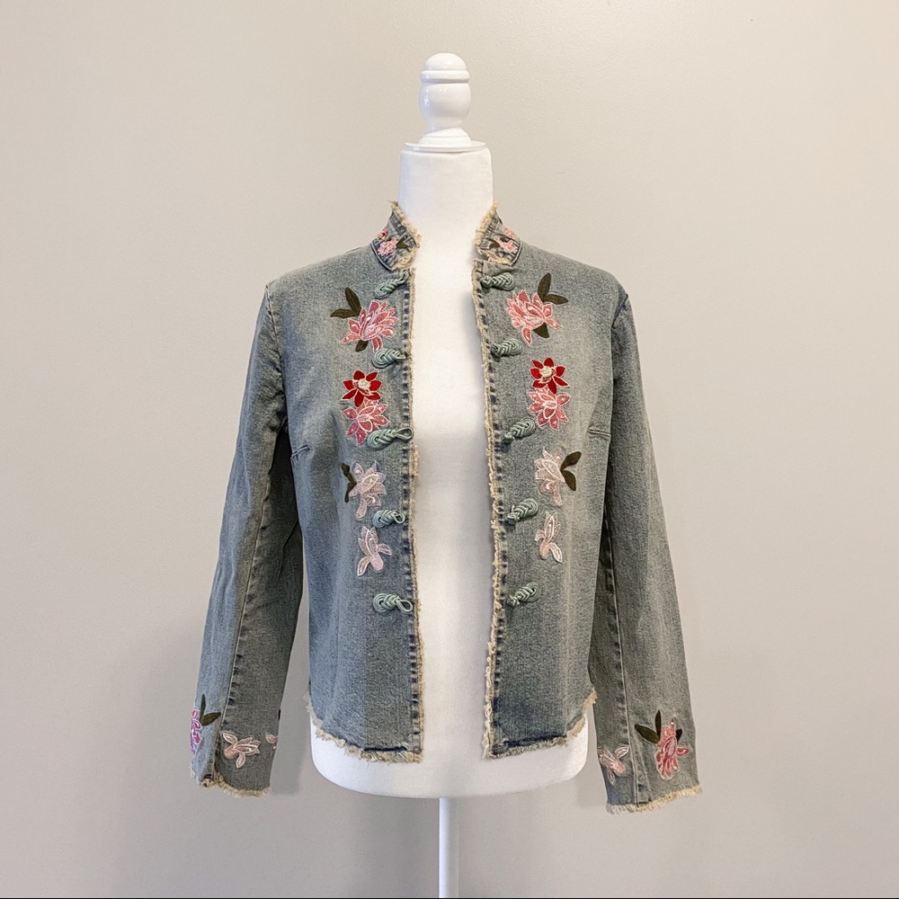 INC Embroidered Distressed Denim Jacket Size SP